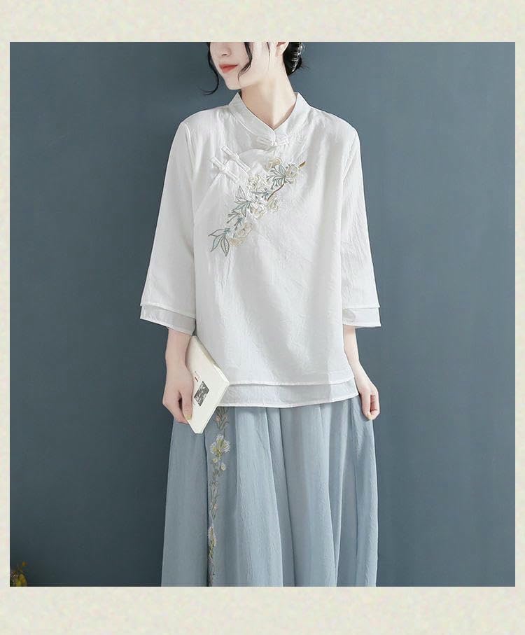 JYHBHMZG Women's Spring Summer Chinese Style Fake Two-Piece Cotton Linen Blouse Retro Frog Button 3/4 Sleeve Embroidered Top