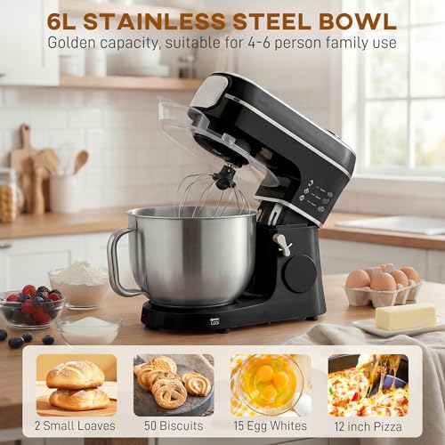 HOMCOM Digital Stand Mixer, 6L 1400W Tilt-Head Food Mixer with 11 Speeds, Pulse & Fermentation Function, LED Display, Dough Hook and Scraper, Whisk, Beater, Egg Separator, Dishwasher-Safe Bowl, Black - Image 5