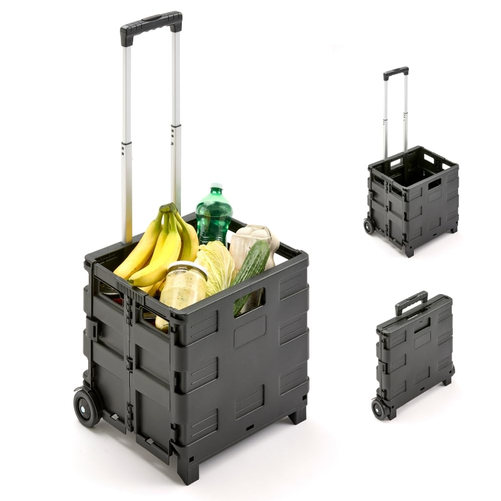 G2 Klappboxtrolley SPACY – Klappbarer Einkaufstrolley mit Rollen, faltbar & leicht – Tragkraft 25 kg – Einkaufskorb mit ausziehbarem Griff – Klappbox für Einkauf & Transport – Schwarz