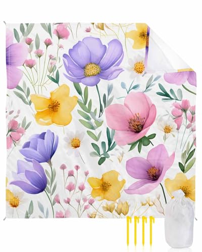 Beach Blanket Sandproof Waterproof Picnic Blankets Spring Pretty Wild Flowers Leaf Extra Large Lightweight Outdoor Beach Mat with Corner Pockets for Travel/Camping/Hiking Colorful Blossom Floral