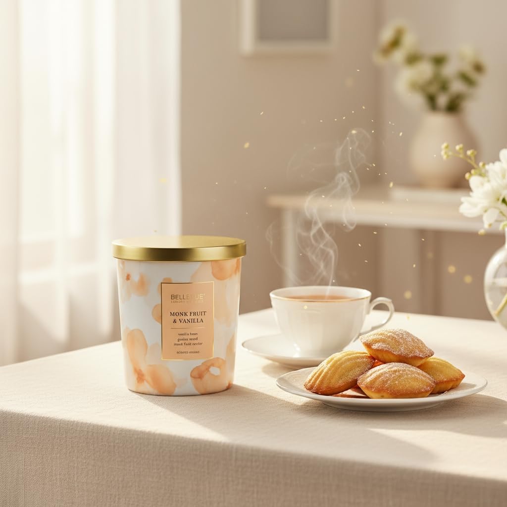 Luxury Fragranced Candle, 12 OZ, Soy Blend Wax, Essential Oils, Long-Lasting Burn, Home Fragrances, Aromatherapy Home Scented Candles Scent Monk Fruit & Vanilla (Pack of 2)