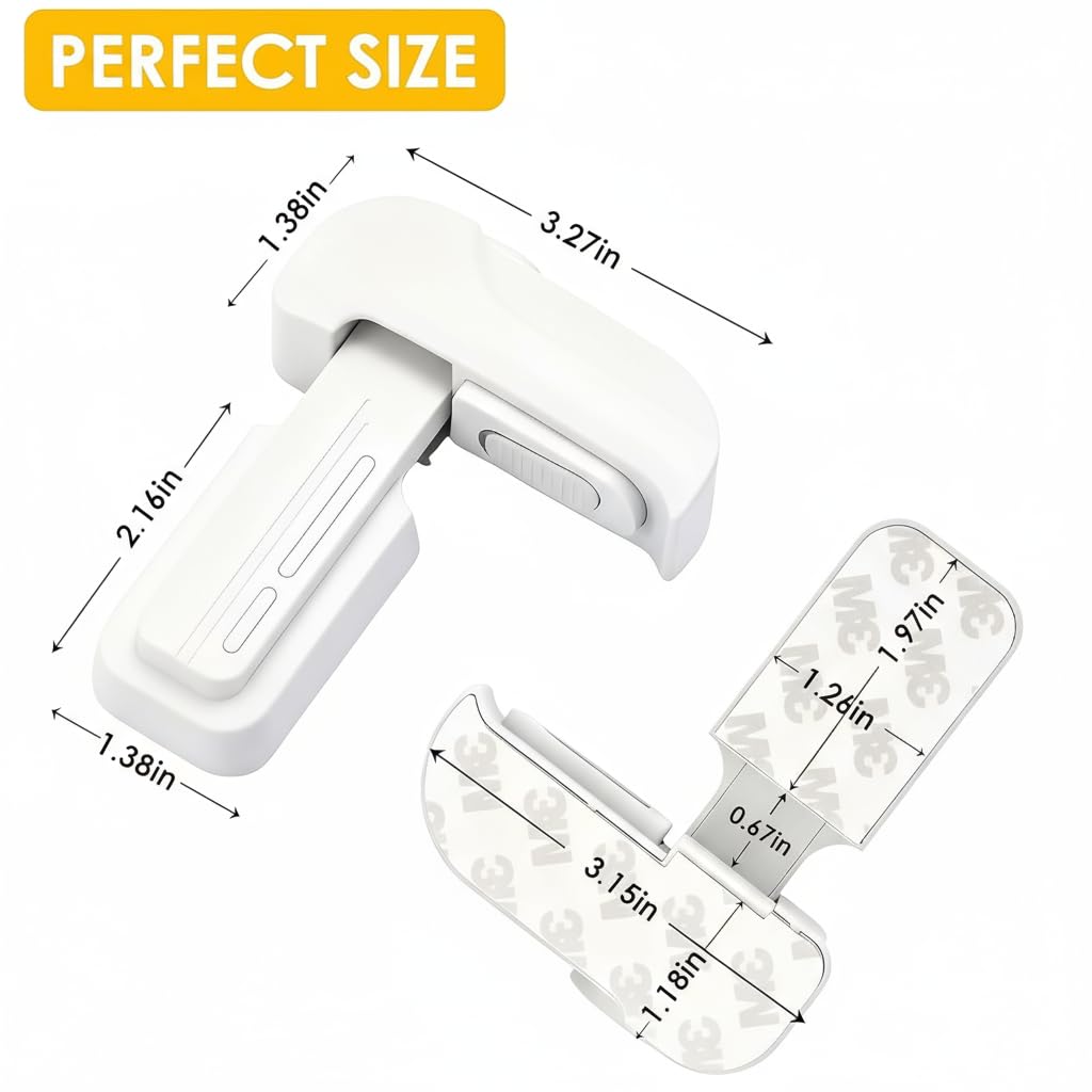 Fridge Locks for Kids 2-Pack, Dual Mode 3M No Drill Adhesive, Child Proof Refrigerator Latch, Freezer Door Lock, Keep Toddlers & Pets Safe White