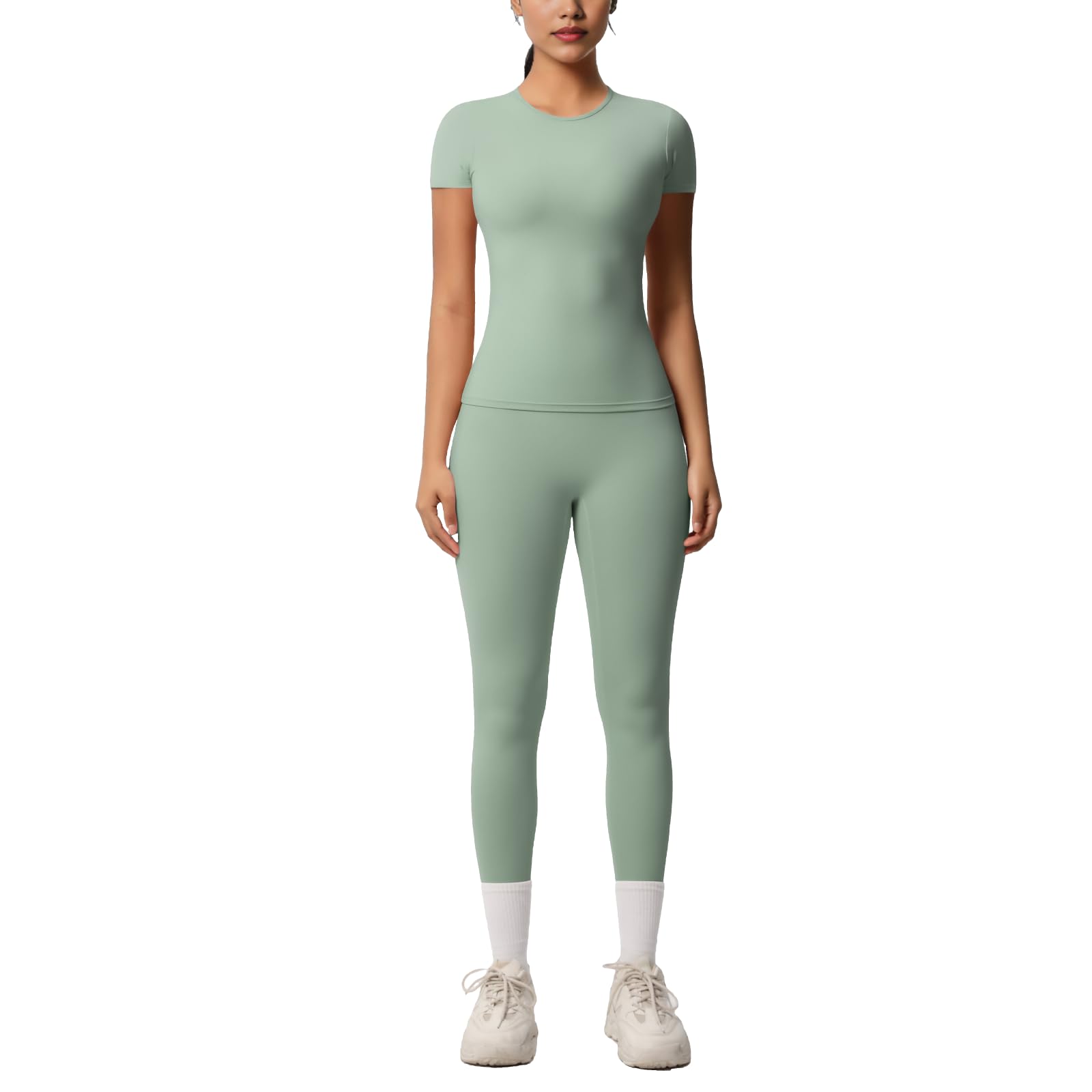 Womens 2 Piece Workout Set Athletic T-Shirt High Waist Leggings Activewear for Gym Running Yoga