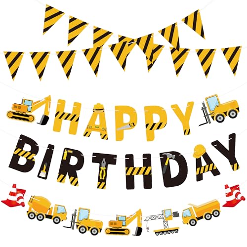 Construction Birthday Banners Vehicle Truck Paper Garlands Construction Pennant Flags Bunting Banners Happy Birthday Party Decor for Boys Construction Theme Birthday Party Decorations, Set of 5