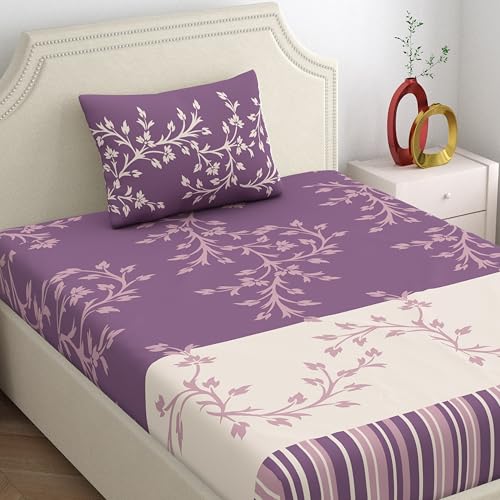 Image of Dreamscape 100% Cotton Single Bedsheet for Single Bed, 140TC, 1 Bed Sheet (Size 59 x 87 inches) with 1 Pillow Cover, Purple