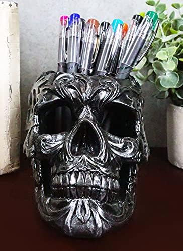 Ebros Gift Tribal Tattoo Floral Skull Pen Holder Figurine 5.75" L Office Desktop Ossuary Skulls Decor Cranium Skeleton Head Stationery Holder As Halloween Macabre Graveyard Spooky Decorative Statue
