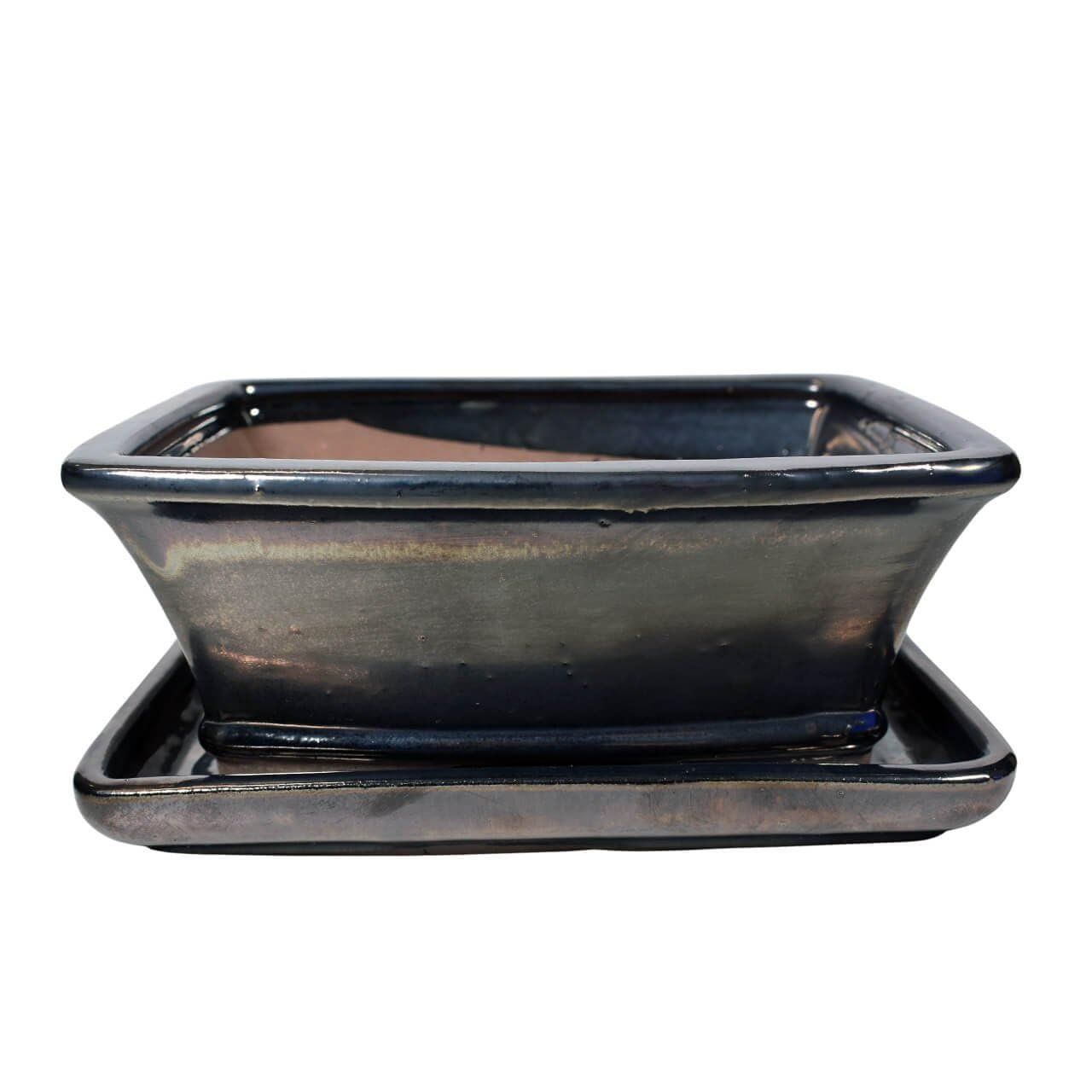 Ceramic Bonsai Pot - 180 x 145 x 70 - Metallic Rectangular Bonsai Tree Planter | With a Matching Drip Tray