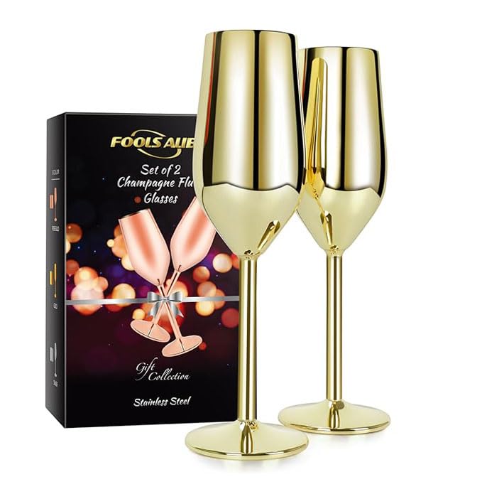 FOOLS ALIBAI Edelstahl-Champagnergläser, 2er-Set, 200 ml, unzerbrechlicher Kunststoff, Champagnergläser, Champagner-Weingläser für Hochzeit, Partys und Jahrestag, 3 Farben Gold