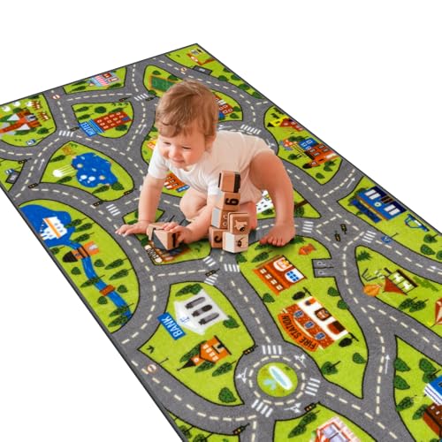 STARUIA Washable Kids Play Rug for Playroom, Boys Car Rug for Kids Toy Cars Have Fun Safely, Non-Slip Educational City Road Rugs Carpets for Kid Room Bedroom, 60" x 32"