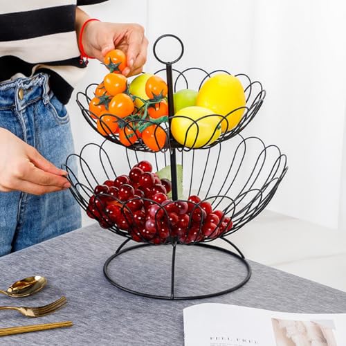 Cesto Porta Frutta A 2 Ripiani – Scaffale Metallico Staccabile – Nero – Per Cucina E Dispensa - 3