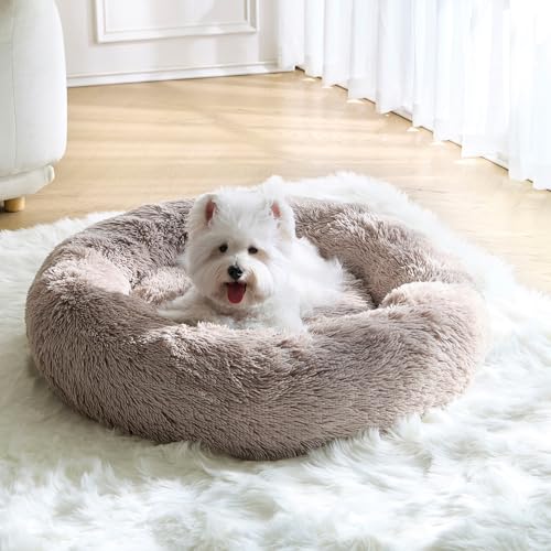 Calming Small Dog Bed, Donut Fluffy Anti-Anxiety Round Washable Cute Bed, Plush Cozy Cuddler Warming Soft Comfort Pet Bed for Small Medium Dogs Cats, 20inch,Brown