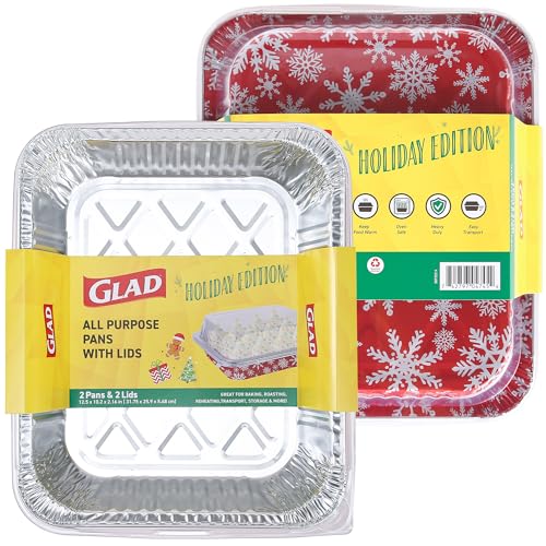 Image of Glad Disposable Aluminum All-Purpose Pans with Lids, Red and White Snowflake Holiday Print, Oven Safe Foil Steam Pans for Baking, Roasting, and Storage, 12.5 x 10.2 x 2.16 in, 2 Pans and 2 Clear Lids