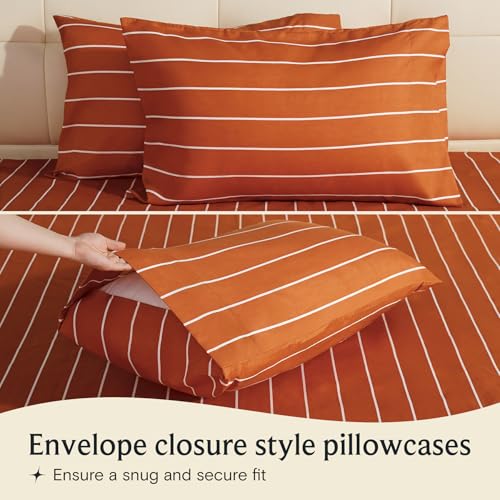 Image of LuxClub 4 PC Sheet Set Bed Sheets Deep Pockets 16 inch Wrinkle Free Cooling Machine Washable Hotel Bedding Silky Soft - Striped-Autumn Orange Full