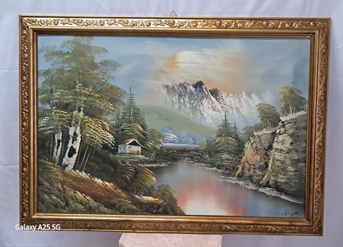 Generico QUADRO PAESAGGIO DIPINTO A MANO SU TELA CON CORNICE ORO CLASSICA BAROCCA MISURA ESTERMA 71X101 CM PE