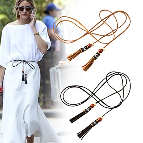 JinYu 3 Set Women Bohemian Tassel Waist Belt Skinny Woven Belt for Dress-Back,White,Black,Camel2