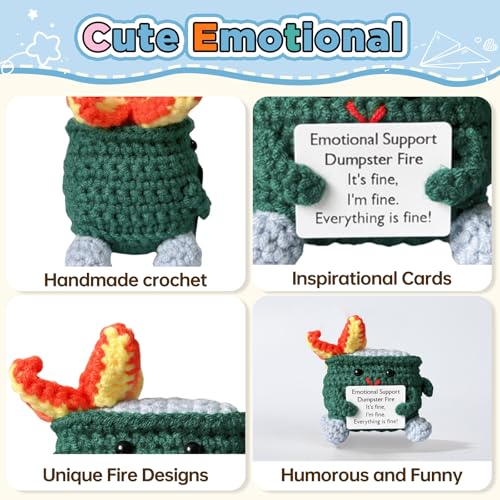 Image of Emotional Support Crochet Dumpster Fire with Positive Card Cute Room Decor Knitted Toys Funny Crochet Support Buddies Gifts for Friends (Green&Blue&Pink&Orange)
