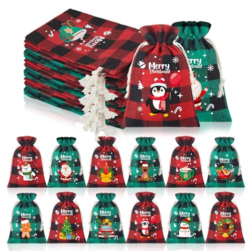 24 Pieces Gift Bags Christmas Drawstring Bag Christmas Burlap Drawstring Bag Washable Cotton Xmas Bag for Candy Wrapper Christmas Party Favor (Red Green, Festival)