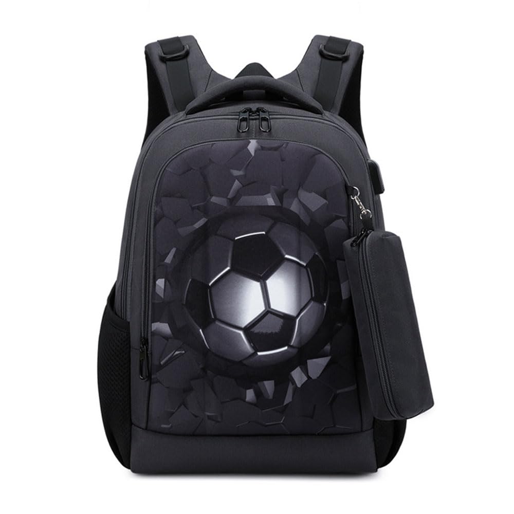 Treer Mochila Escolar Fútbol 3D Escolar Mochila Niños/Niñas, 16" Mochila Niño 10-16 Años, Mochila Colegio para Alumnos de Preescolar, Primaria y Secundaria (Fútbol Negro)