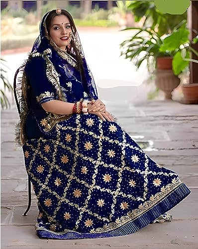 Image of Heavy Embroidery Work Semi Stitched Shimmer Silk Designer Rajputi Poshak For Women Rajasthani Lehenga Choli