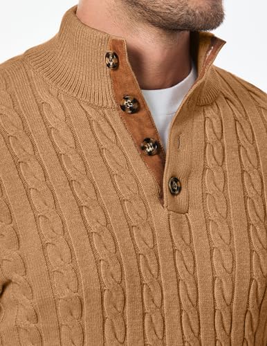 Image of JMIERR Men's Cable Knit Pullover Sweater Casual Long Sleeve Stand Collar Button Knitted Sweaters