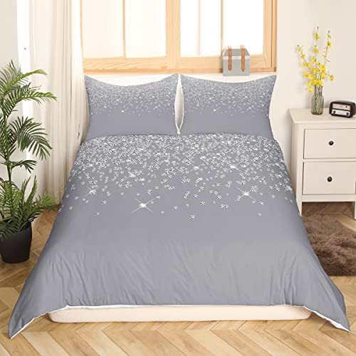 Silver Glitter Duvet Cover (No Glitter) Bling Party Decorations Bedding Set Diamond Grey Comforter Cover For Boys Girls Children Teens Bedroom Decor Bedspread Cover Twin Size Bedclothes Zipper #TOP1