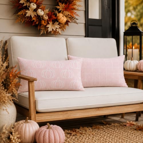 Image of Fall Pumpkin Lumbar Pillow Covers, Autumn Decor (Pink,12x20) | Double-sided pumpkin and plaid designs, thick chenille texture, hidden zipper, for couch, sofa, bed, farmhouse autumn decor