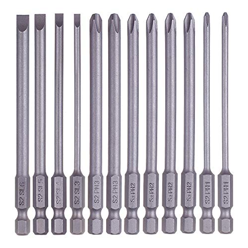 Rocaris 12 Pack 1/4 Inch Hex Shank Long Magnetic Screwdriver Bits Set 4 in Power Tools (Slotted+Cross Head)
