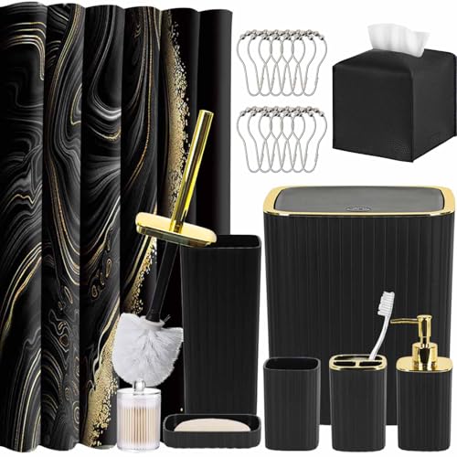 Bathroom Accessories Set - 21PCS Black Bathroom Set with Shower Curtain, Rugs, Trash Can, Soap Dispenser, Soap Dish, Toilet Brush, Toothbrush Holder, Tumbler Cup, Tissue Box, Q-tip Holders