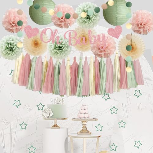 Image of Sage Green and Blush Pink Baby Shower Decorations Oh Baby Dusty Pink and Sage Green Baby Shower Decorations for Girl Boho Pastel Dusty Rose Poms Beige Fans Party Decor with Cream Tassel Garland