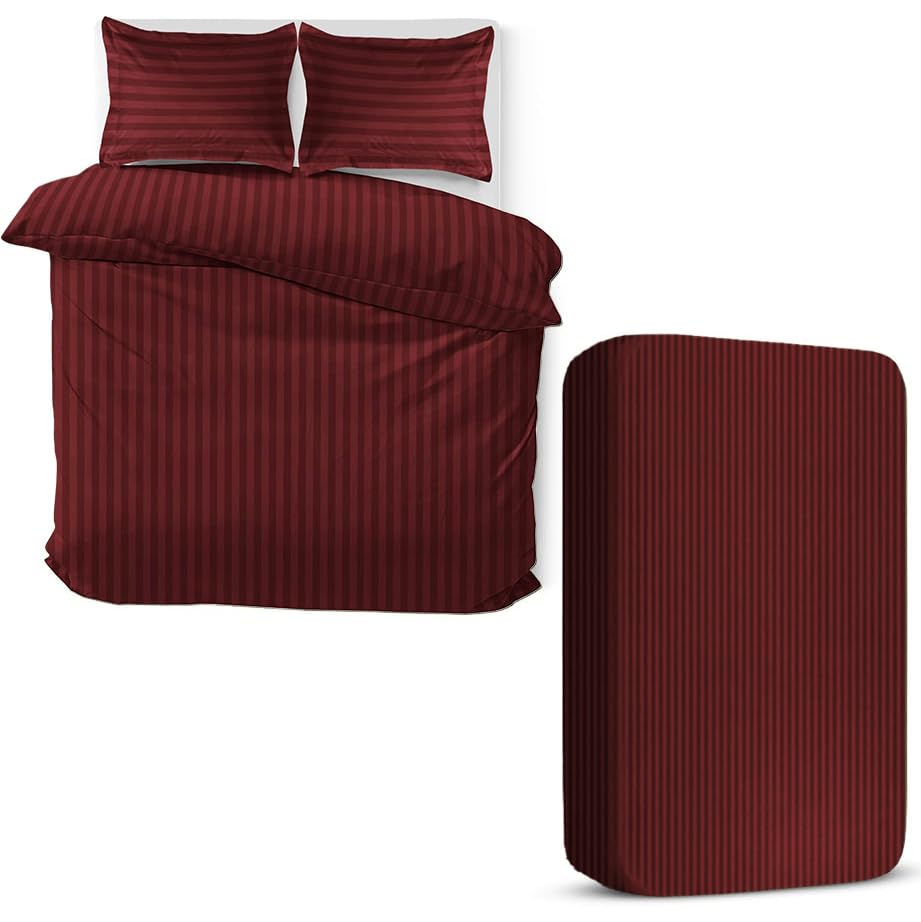 MOONLIGHT20015 4 Piece King Bedding Set Satin Stripes Duvet Cover Fitted Sheet with Pillow cases Hotel Quality Soft Brushed Microfiber Burgundy