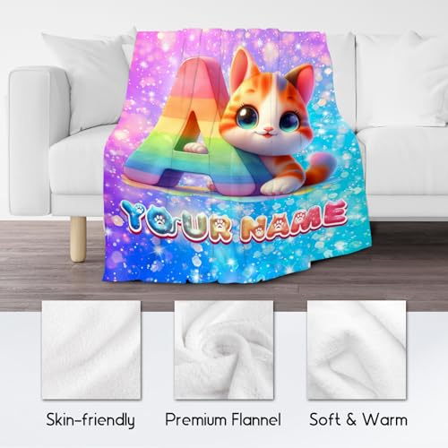 Cat Lovers Blanket with Name - Personalized Flannel Blankets for Girls - Customized Cat Theme Gifts - Cute Pattern Soft Cozy Throw for Sofa Living