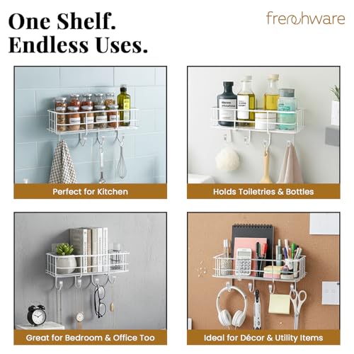 Image of Frenchware Self Adhesive Kitchen Shelf Organiser, Drill-Free Wall Rack | with Magic Stickers & 4 Hooks, Rust-Proof Storage Shelf for Bathroom, Black