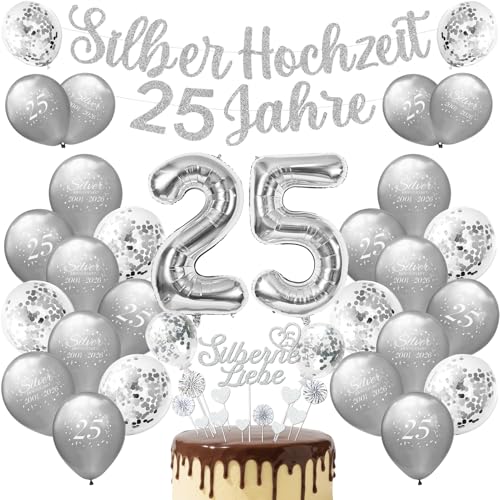 Silberhochzeit Deko 25 Jahre Silberhochzeit luftballons set 25. Silberhochzeit Luftballons Silberne Hochzeitsbanner Tortendeko Silberhochzeit für Silberne Hochzeit Feier Jubiläum Deko
