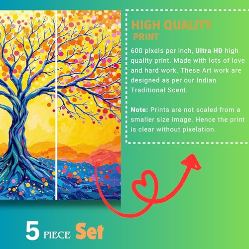 Image of Kalpvriksh Tree Painting MDF Wall Art | Sparkle Laminated Golden Tree Painting in 5 Pieces | Big Size Wall Art for Living Room, Office, Bedroom, and Home Decor