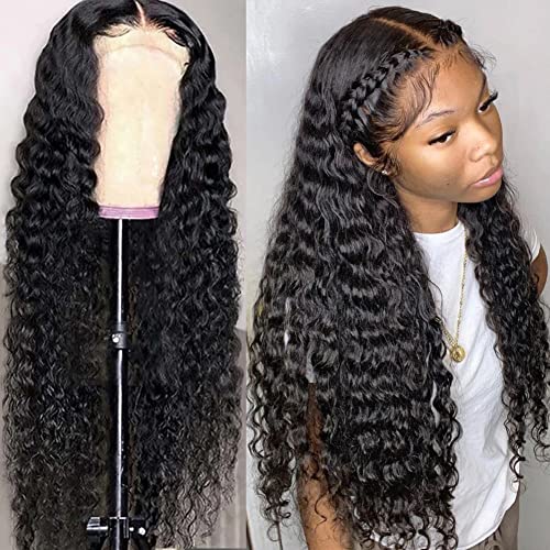 Deep Wave Lace Front Wigs Human Hair Pre Plucked Brazilian Virgin Hair Wig Deep Curly Wigs Human Hair Wigs for Black Women Human Hair Natural Color 20 Inch 150% Density Human Hair Wig