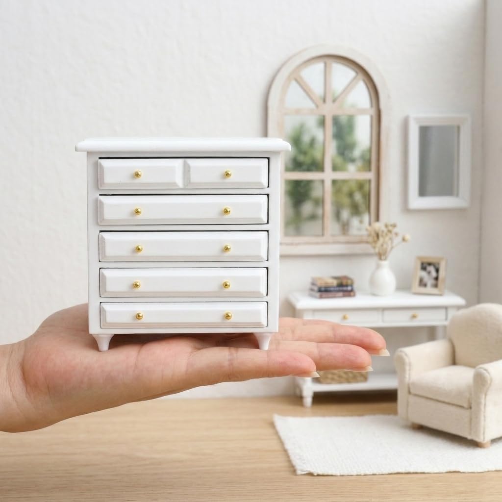 Dollhouse Dresser Miniature Sideboard, 1/12 Scale Chest of Drawer for Bedroom Vintage, White Cabinet Mini Bedside Table Nightstand for 6 inch Doll, Tiny Sleeping Storage Organizer Wood Furniture DIY