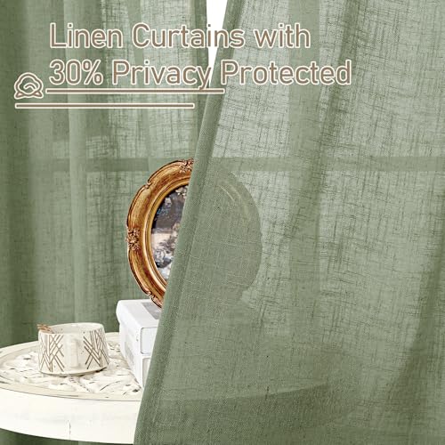 Image of LAMIT 60 Inch Length Semi Sheer Linen Curtains 2 Panels Set, Sage Green Light Filtering Bedroom Drapes Bronze Grommet Spring Decor Panels for Kitchen /Windows /Dining Room, 34 x 60 Inch