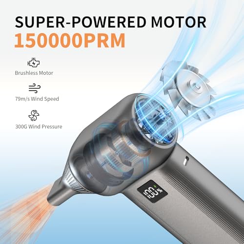 RNOAWIO Electric Air Duster-150000RPM Super Power Turbo Fan with LED Display, 8000mAh Super Power Cordless Air Duster, 3-Gear Brushless Motor Blower, 5-in-1 Cleaning Kit for PC, Keyboard, Car, Outdoor by RNOAWIO - Image 2