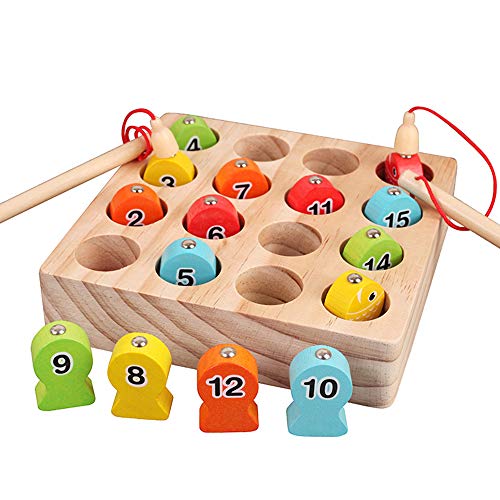Moniel Jogo de pesca magnética de madeira Montessori Número Cognição Classificação de cores Quebra-c