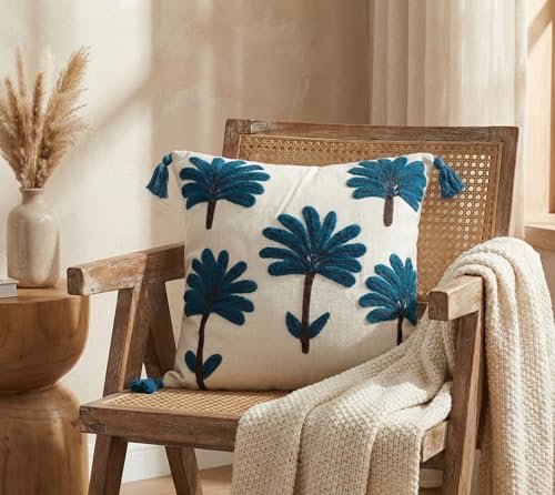 Image of Furnistitchs Handmade Cotton Bohemian Home Decor Cushion Cover 24x24 inches / 60x60 cms - Boho Chic Couch Sofa Throw Living Room Bedroom Cushions (2, Navy Palm)