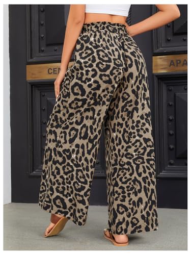 OYOANGLE Women's Leopard Print Elastic High Waist Wide Leg Pants Tie Front Pockets Loose Casual Trousers2
