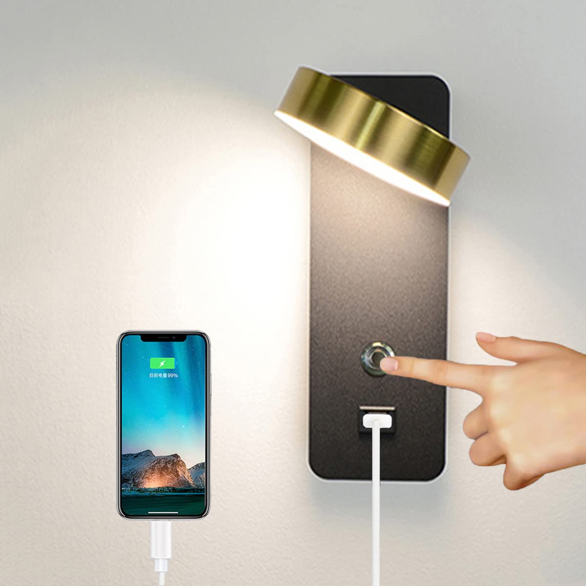 Nowoczesna lampa ścienna, LED, do użytku wewnątrz, z włącznikiem i portem USB, ściemnialna lampa ścienna ze sterowaniem dotykowym, lampka nocna do czytania, do sypialni i pokoju d