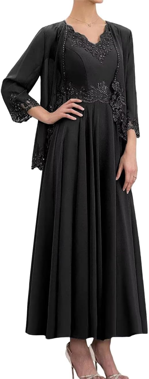 Chiffon Mother of The Bride Dresses with Jacket 2 Pieces 3/4 Sleeve Lace Formal Evening Dresses for Wedding