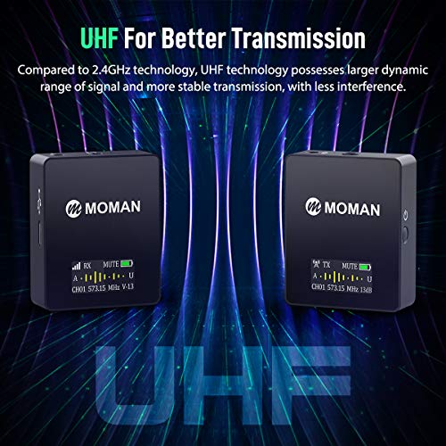 Moman Connects C1 Professional-Wireless-Lavalier-Microphone-System 36 Channels UHF 1 Transmitter with 1 Receiver 70m/229.66ft OLED Screen for DSLR/Mirrorless Camera/Smartphone/Camcorder/Audio Recorder