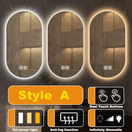 Miroir mural avec 3 couleurs d'éclairage ovale LED antibuée tactile