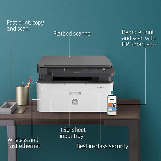 Image of HP Laser MFP 136nw, Wireless, Print, Copy, Scan, 40-Sheet ADF, Ethernet, Hi-Speed USB 2.0, Up to 21 ppm, 150-sheet Input Tray, 100-sheet Output Tray, 10,000-page Duty Cycle, Black and White, 4ZB87A