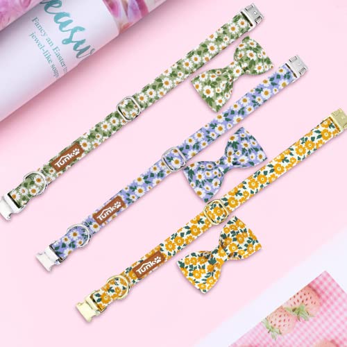 Image of Tunkoo Dog Collar Floral with Elegant Bow Tie Soft Comfy Cotton Adjustable Collar, Premium Metal Buckle for Puppy and Cat Small Medium Large（Green flowers，S）