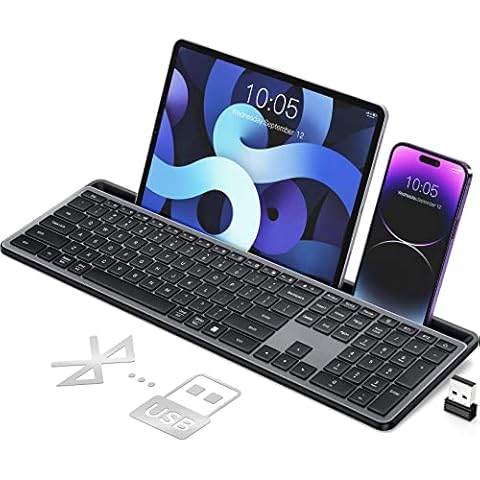 Wireless Keyboard,Multi-Device 2.4G/Bluetooth Keyboard Ultra-Slim Full Size Computer Keyboard With Numeric Pad,iPad Keyboard With Tablet Holder,Quiet USB Keyboard for iPad,iPhone,Laptop,PC,Mac Cover