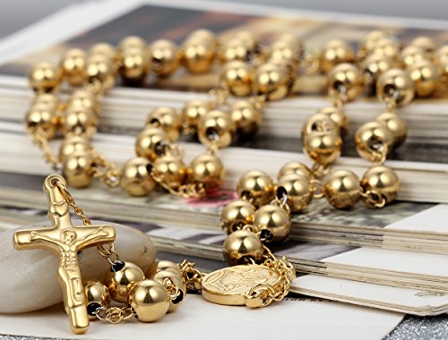 Flongo Womens Men's Stainless Steel 8mm Beads Gold Jesus Christ Crucifix Cross Rosary Pendant Necklace, 37 inch2