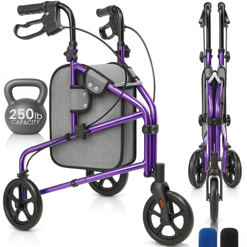 Vive Mobility 3 Wheel Walker - Three Wheeled Rollator for Seniors - Lightweight, Foldable, Narrow, Heavy Duty - for Elderly Men Women - Folding 3-Wheel Tri Scooter with Basket Bag